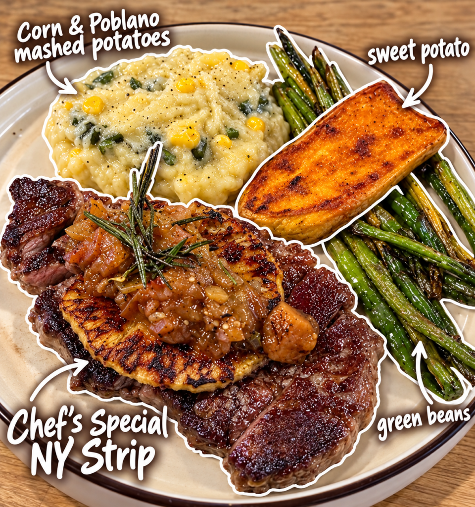 A plated meal featuring Chef's Special NY Strip steak topped with grilled pineapple and sauce, alongside corn and poblano mashed potatoes, sweet potato, and sautéed green beans.