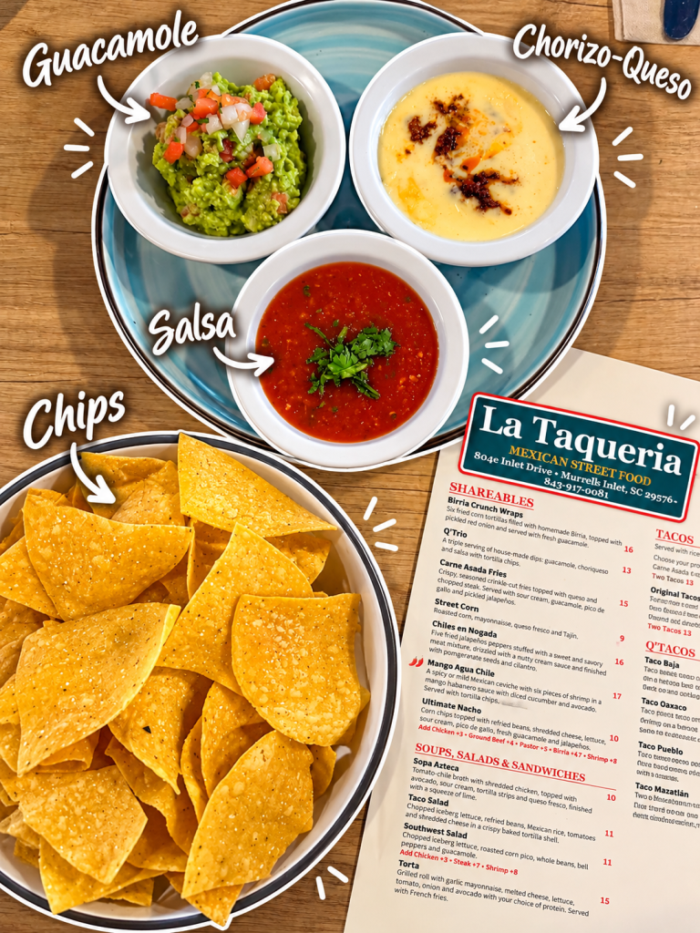 A serving of tortilla chips with three dips: guacamole, salsa, and chorizo-queso, alongside a menu from La Taqueria.
