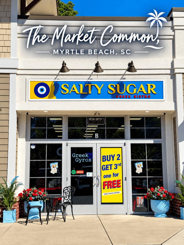 Exterior view of Salty Sugar Greek Bistro at The Market Common in Myrtle Beach, SC, showcasing a welcoming storefront with a promotional sign offering a buy two, get one free deal.