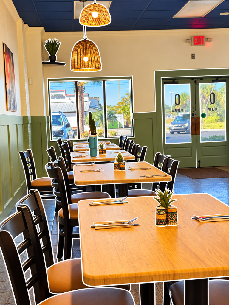 A brightly lit restaurant interior featuring wooden tables set for dining with cutlery, small potted plants as centerpieces, and straw pendant lights hanging from the ceiling. A large window provides natural light, with views of palm trees and a car parked outside.