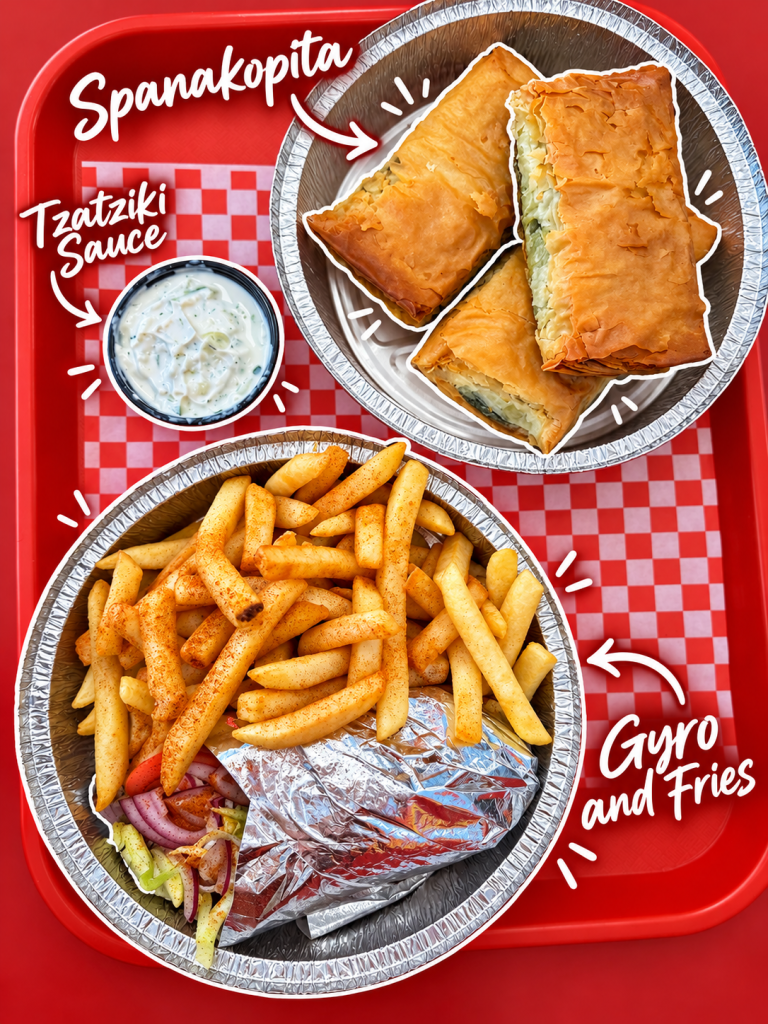 A red tray featuring two dishes: a bowl of golden fries and a wrapped gyro, accompanied by a bowl of tzatziki sauce and three spanakopita pastries.