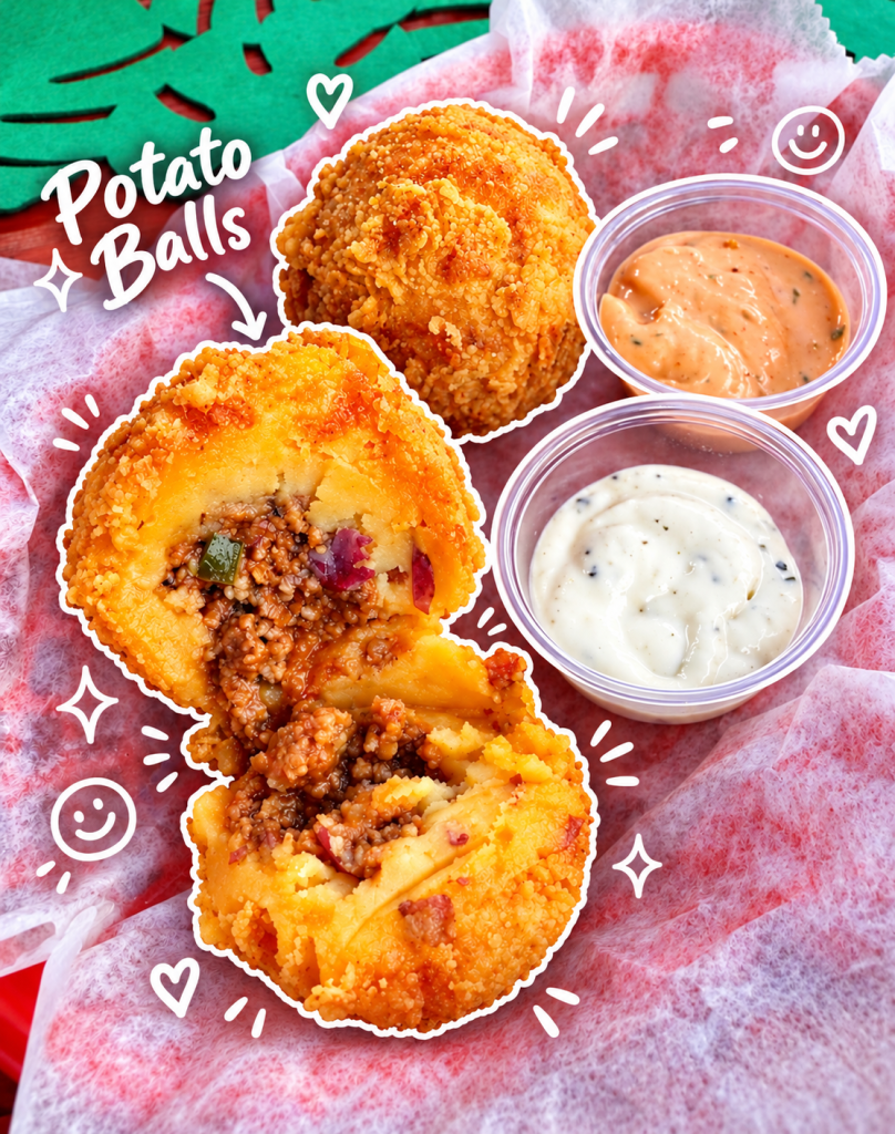 Close-up of potato balls with a crispy exterior, one cut in half revealing a savory filling, accompanied by two dipping sauces in small cups.