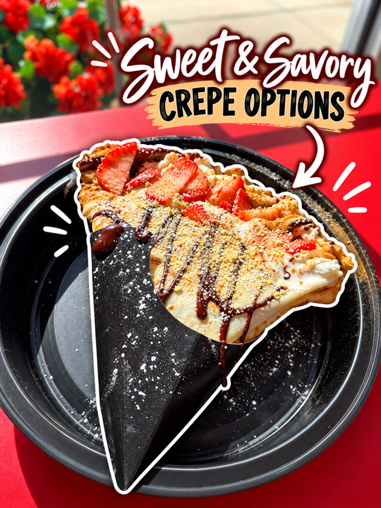 A delicious crepe filled with strawberries and topped with chocolate sauce, on a black plate. The background features vibrant red flowers and text overlay reads 'Sweet & Savory Crepe Options.'