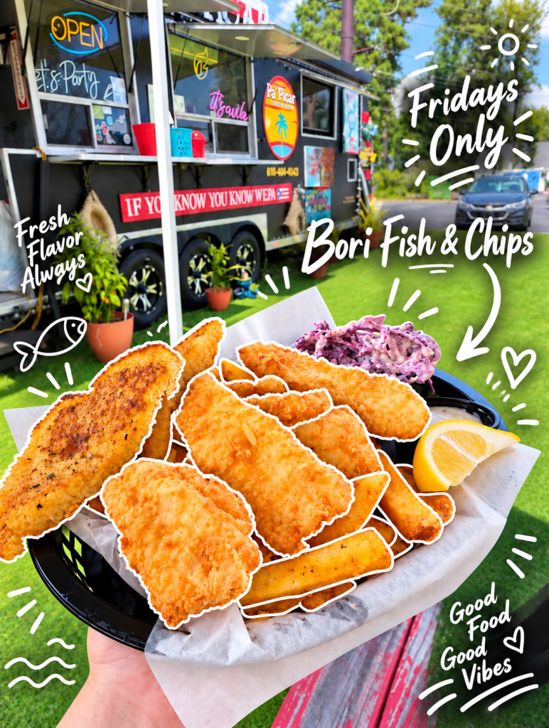 A hand holding a plate of crispy Bori fish and chips with a side of coleslaw and a slice of lemon, in front of a food truck that reads 'Pa' Picar'.