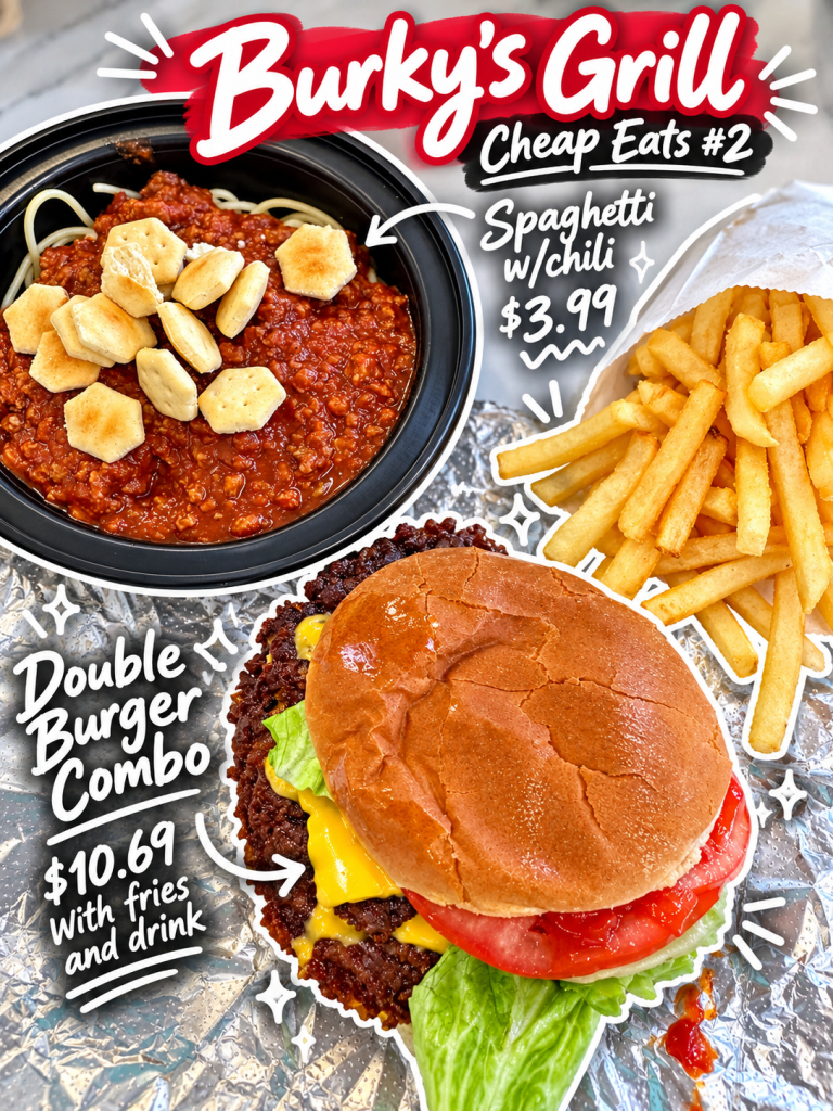 A bowl of spaghetti topped with chili and crackers, priced at $3.99, from Burky's Grill.