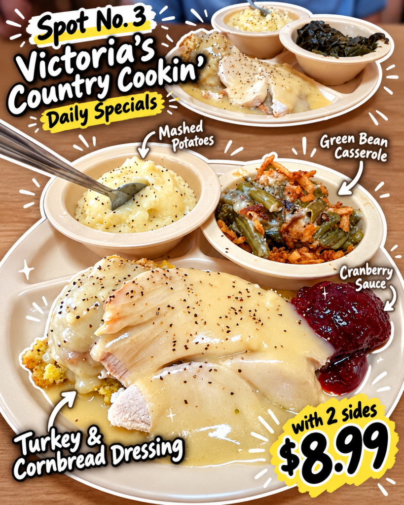 A plate from Victoria's Country Cookin' featuring turkey with gravy, cornbread dressing, mashed potatoes, green bean casserole, and cranberry sauce, described as a daily special for $8.99 with two sides.