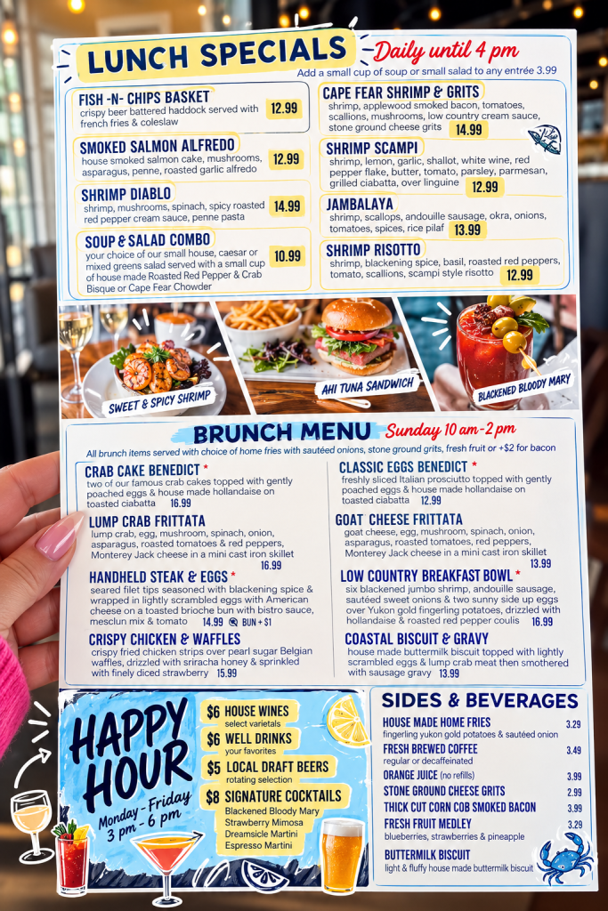 A colorful menu displaying lunch specials, brunch options, happy hour deals, and side beverages. The lunch specials feature various seafood dishes, pasta, and a soup and salad combo. The brunch menu includes crab cake benedict, lump crab frittata, and chicken & waffles. Happy hour highlights include house wines, local draft beers, and signature cocktails.