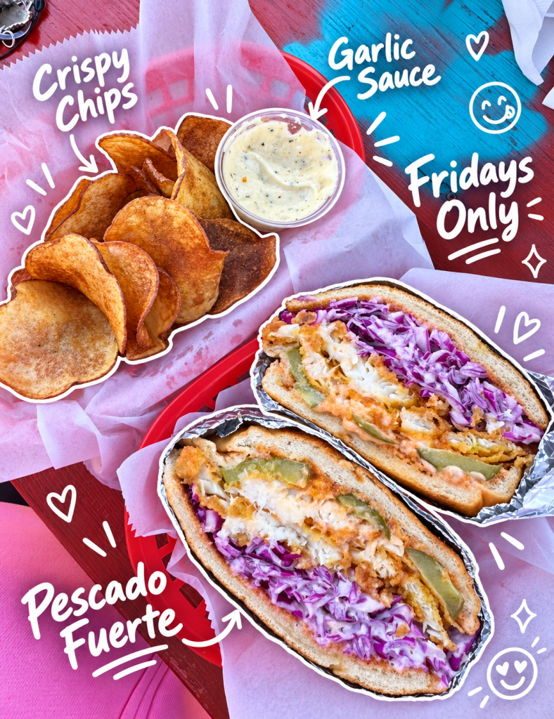 A plate featuring crispy chips, a container of garlic sauce, and a sandwich called Pescado Fuerte, filled with various toppings including cabbage, and served wrapped in foil.