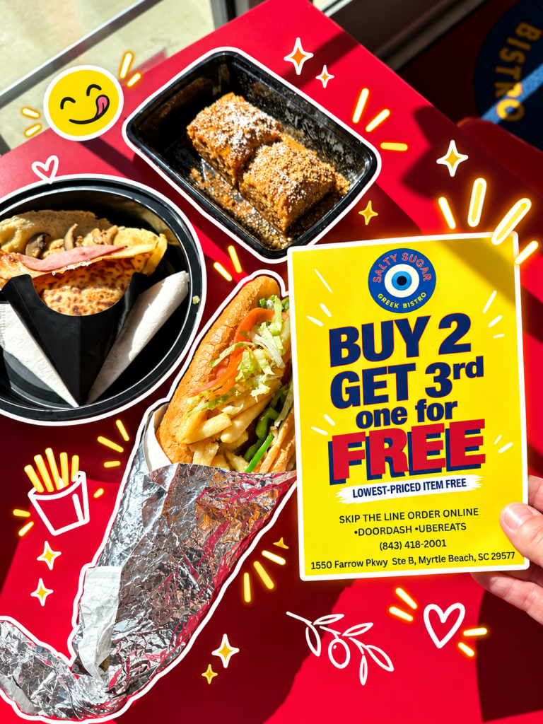 A colorful table featuring various dishes from Salty Sugar Greek Bistro, including a wrapped sandwich, a box of baklava, and a promotional flyer stating 'Buy 2 Get 3rd One for Free'.