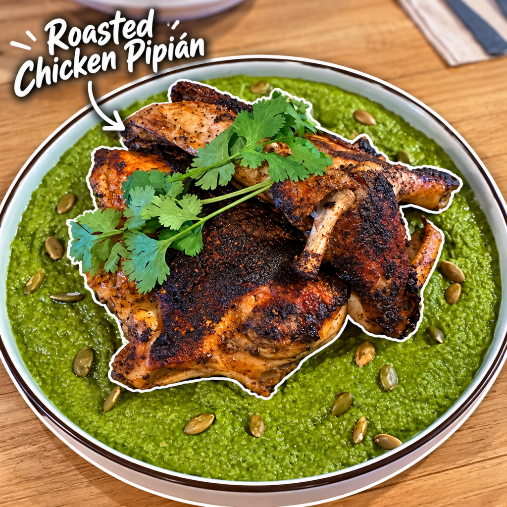 A plate of roasted chicken pipián served on a bed of green pipián sauce, garnished with cilantro and pumpkin seeds.