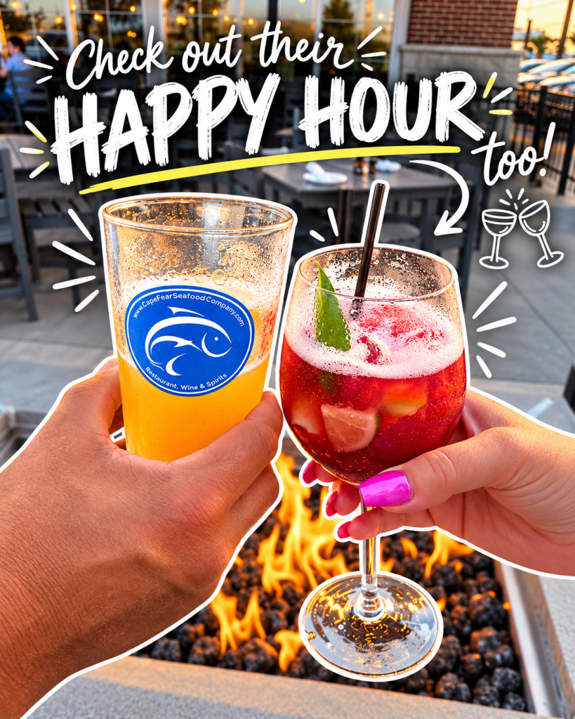 Two hands holding cocktails in front of a fire pit, with text overlay promoting happy hour.