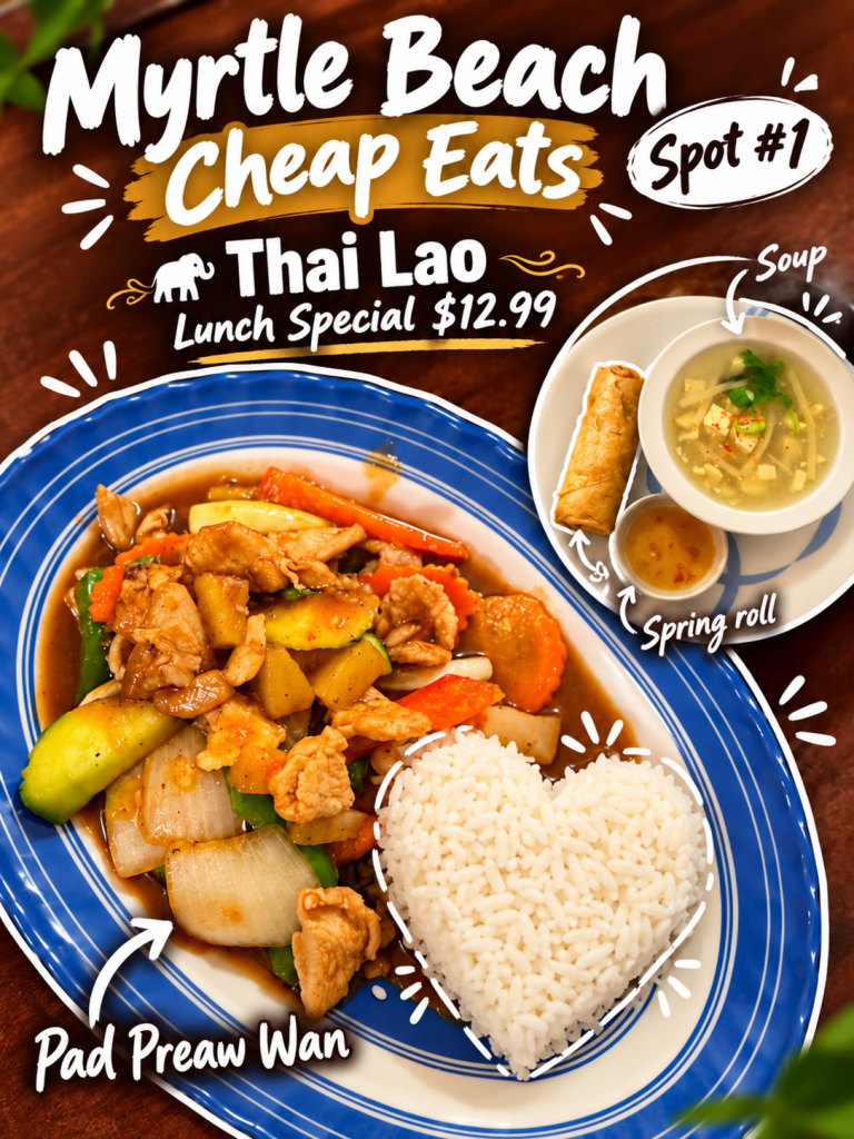 A vibrant plate featuring Pad Preaw Wan stir-fry with mixed vegetables and chicken, accompanied by heart-shaped rice, a spring roll, and a bowl of soup. The image promotes Thai Lao's lunch special at Myrtle Beach for $12.99.