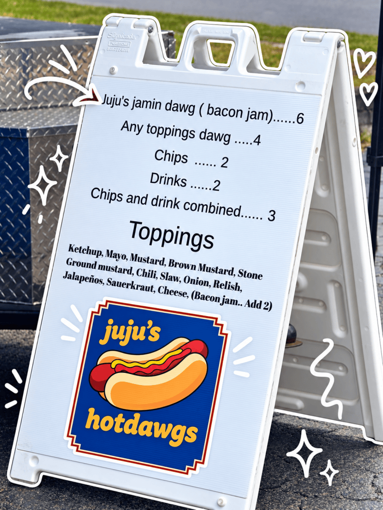 A menu sign for Juju's Hot Dawgs featuring prices for various hot dog options, chips, and drinks. The sign includes toppings like ketchup, mustard, and jalapeños, along with a colorful illustration of a hot dog.