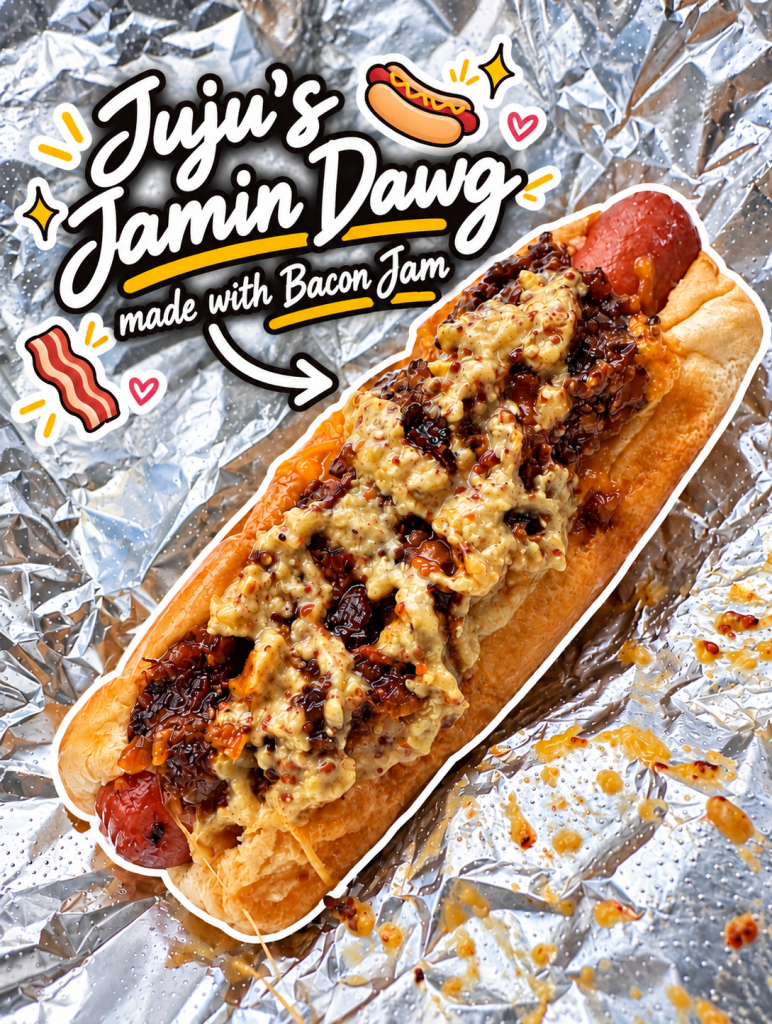A hot dog topped with bacon jam and mustard, served in a bun. The image features colorful text that reads 'Juju's Jamin Dawg made with Bacon Jam' on a shiny silver background.