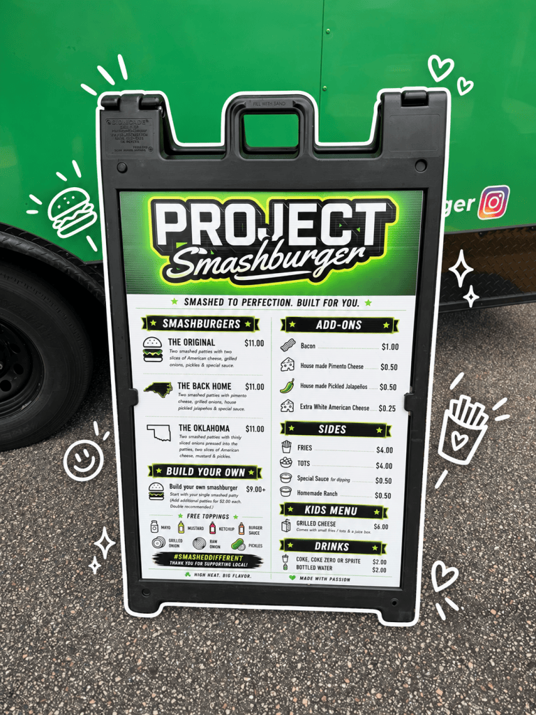 A menu board for Project Smashburger, featuring various burger options, add-ons, sides, a kids menu, and drink choices. The design includes playful graphics and prices for each item.