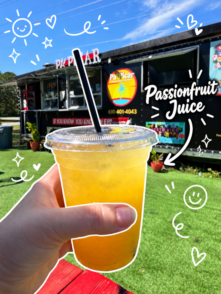 A person holding a cup of passionfruit juice in front of a food truck named 'Pa Picar', with a blue sky and decorative doodles around.