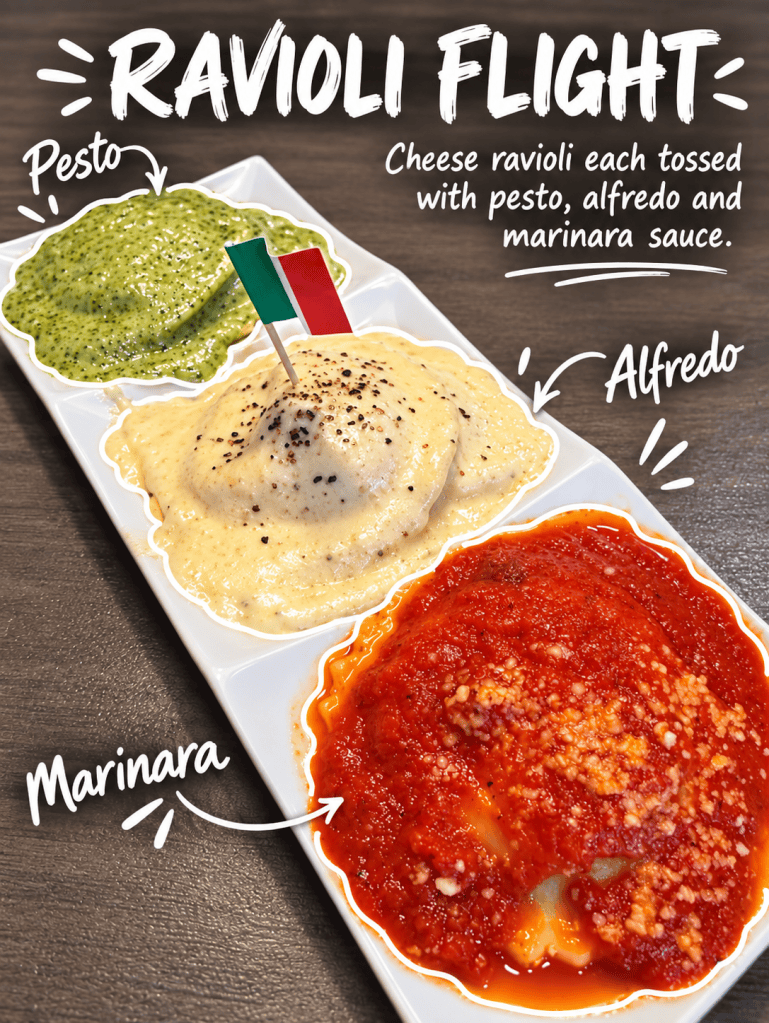 A plate of cheese ravioli served with three different sauces: pesto, alfredo, and marinara. The dish is creatively labeled with the names of each sauce.