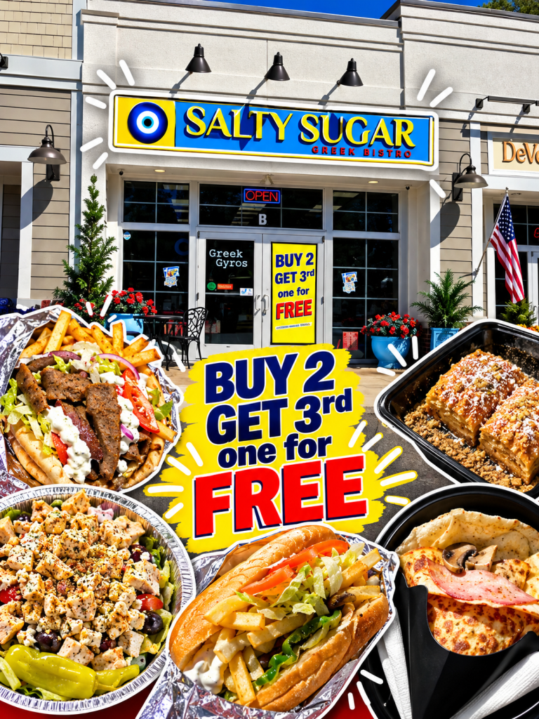 Exterior of Salty Sugar Greek Bistro with a sign advertising a promotion 'Buy 2 Get 3rd One for Free'. Various Greek dishes on display including gyros, salads, and desserts.