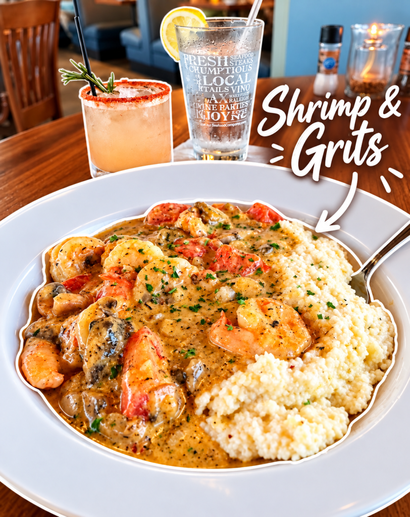 A plate of shrimp and grits topped with a creamy sauce and garnished with herbs, served with drinks in the background.