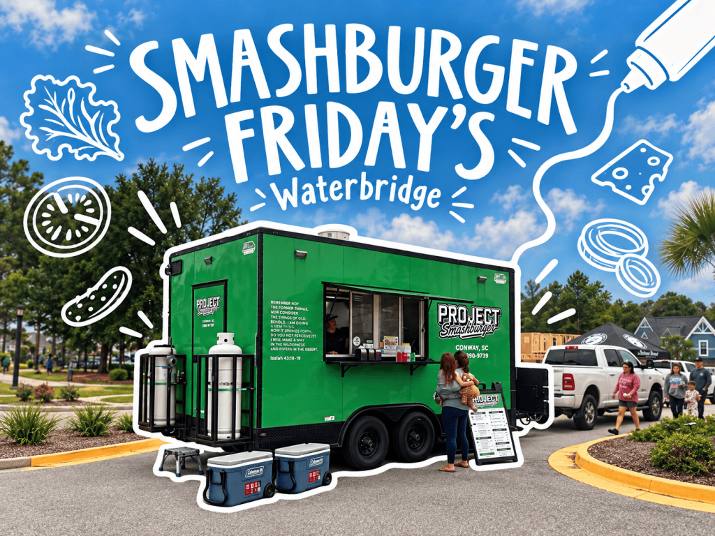 A vibrant green food truck named 'Project Smashburger' at a street event, with people interacting and enjoying the atmosphere. The truck features a menu board and is surrounded by playful illustrations of food items like lettuce, pickles, and cheese.
