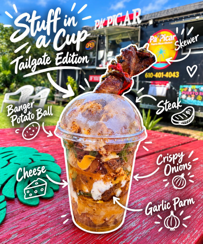A clear plastic cup filled with layers of Banger Potato Balls, cheese, steak, crispy onions, and garlic parmesan, topped with a skewer. The background features a food truck named 'Pa'Picar' and colorful lawn decor.