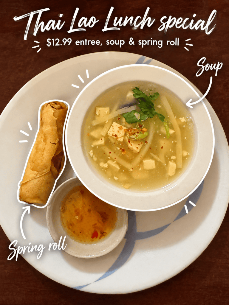 A Thai Lao lunch special featuring a bowl of soup with tofu and vegetables, a spring roll on the side, and dipping sauce, presented on a white plate.