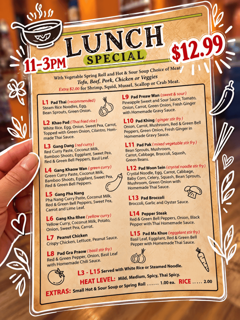 Lunch special menu highlighting various Thai dishes with prices, including options like Pad Thai, Gang Dang, and Peanut Chicken, served with vegetable spring roll and soup.